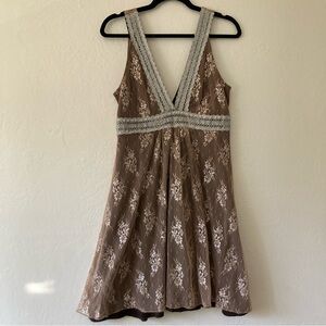 Hourglass Y2K Brown Lace Mini Dress V Neck Mesh Fairy Grunge Whimsigoth Floral